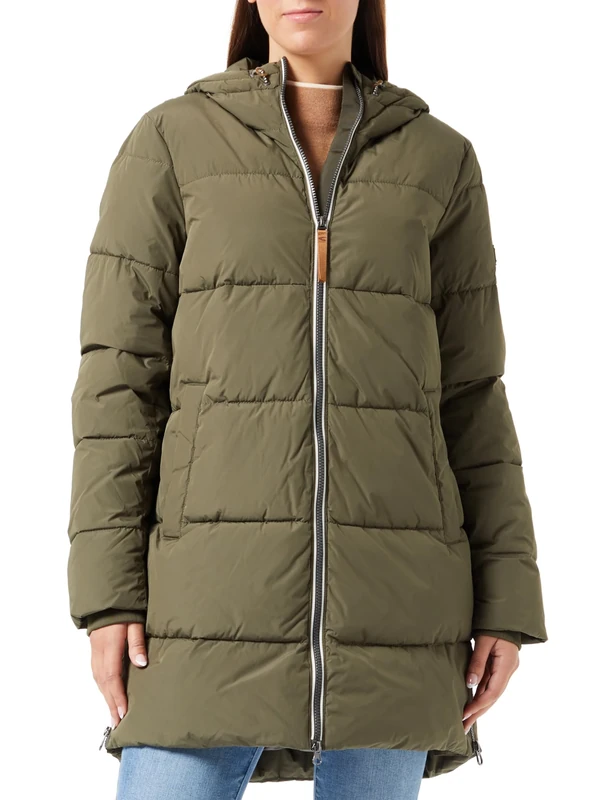 camel active Women's Puffer Jacket with Hood Coat, Dark Khaki, 22