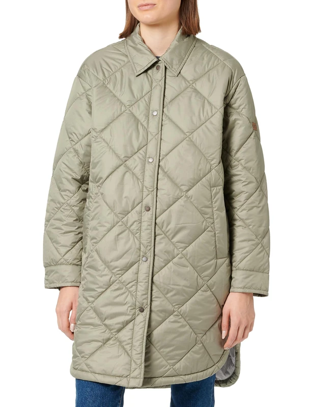 camel active Women's Long Quilted Jacket in Overshirt Style Coat, Green, 22