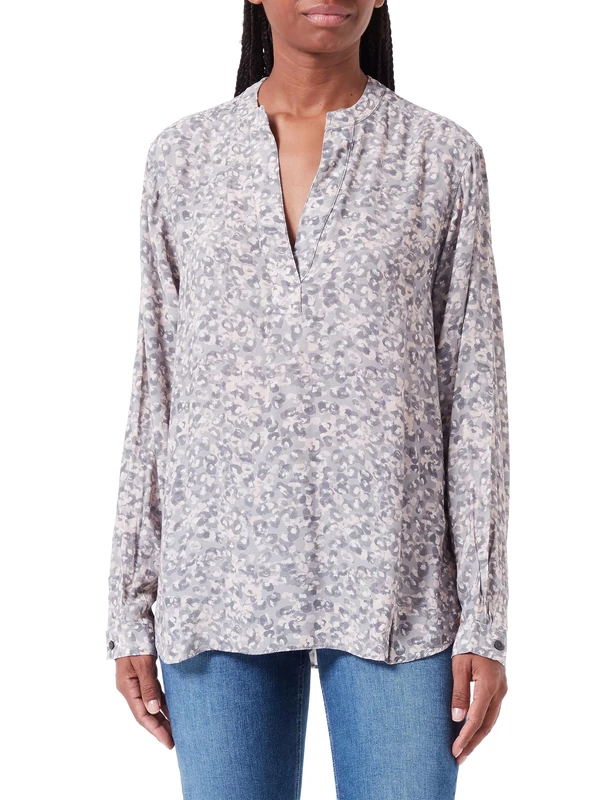 camel active Women's Slip-On Blouse with Stand-Up Collar, Pink-Grey, XS