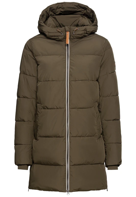 camel active Women's Puffer Quilted Coat Made from Recycled Polyester, Dark khaki, 14