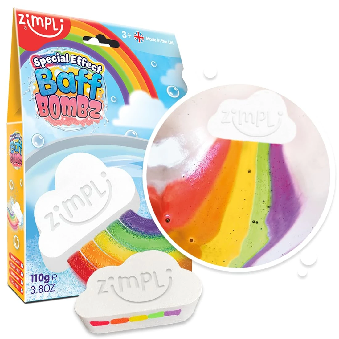 ZIMPLI - Large Cloud Rainbow Baff Bombz, Create a rainbow effect, fizzing, bathtime adventure, Bath Bomb Fizzing Fun for children 4 5 6 7 8 9