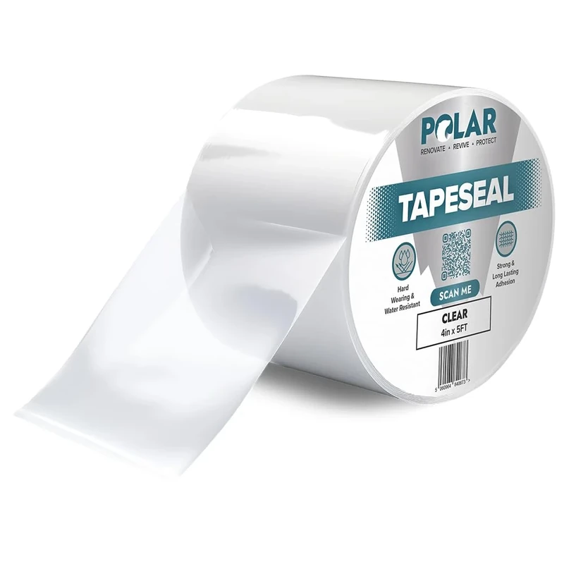 Polar TapeSeal - Rubberised Waterproof Repair Tape for Roofs & Gutters - Leak Sealer for PVC & Plumbing Pipes - Easy to Use DIY Tool for Indoor & Outdoor - Clear - 4" x 5 ft (10cm x 1.5m)