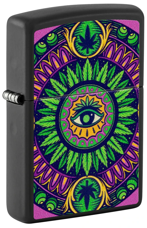 Zippo Windproof Lighter, Psychedelic Cannabis Pattern Design – Matt Black, Black Light – Refillable, Reusable, Windproof Design – Comes in Gift Box – Made in USA
