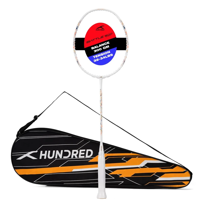 HUNDRED Battle 900 Badminton Racket | Material: Carbon Fibre | Max Tension 32lbs | Lightweight | Flexible Shaft | 290mm Balance Point | Intermediate Level | Full Cover Included
