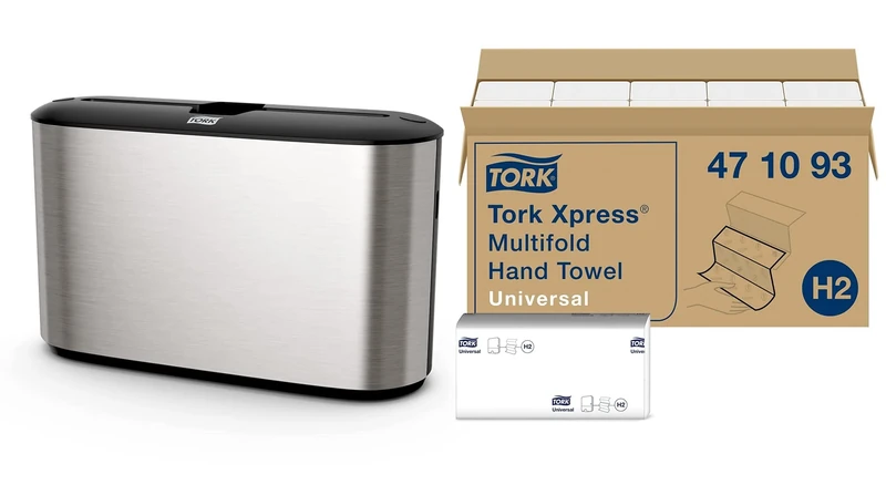 Tork Xpress Countertop Multifold Hand Towel Dispenser 460005 - H2 Dispenser, Single Dispensing, Slim, Stainless Steel + Xpress Multifold Paper Hand Towels - Universal. White - 20 x 250 Sheets