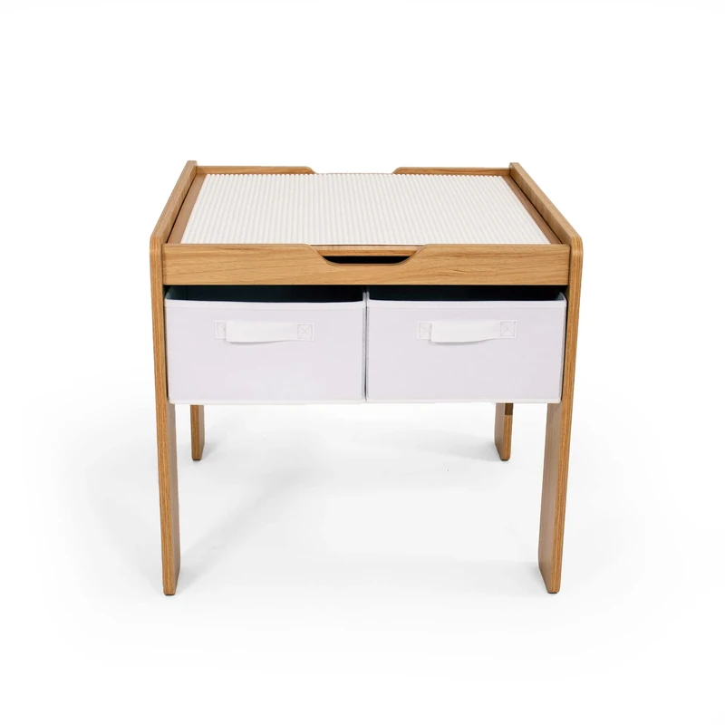Humble Crew Journey 2-in-1 Building Blocks Compatible Sqaure Wooden Multi-Activity Table for Children, Double-Sided Tabletop, 4 Fabric Storage Bins, Easy to Clean Furniture - Natural/White