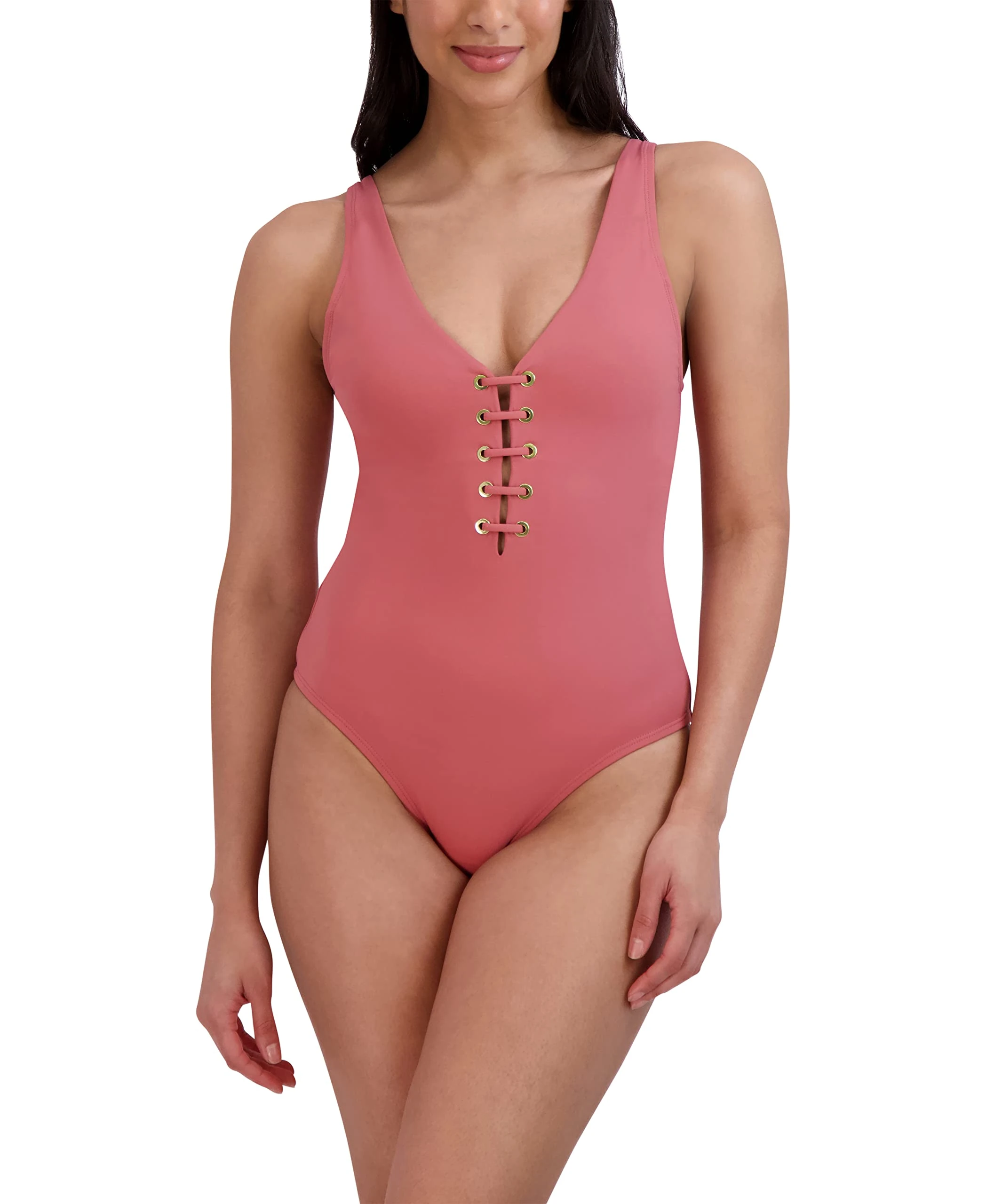 BCBGMAXAZRIA Womens One Piece Swimsuit Lace Up Grommet Tummy Control Quick Dry Bathing Suit, Mauve Pink, XL