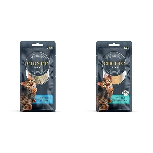 Bundle of Encore 100% Natural Wet Cat Food, Pouch Treat, Mackerel Fillet Loin, 30g (Pack of 12) + Whole Tuna Loin Cat Snack, 30g (Pack of 12)