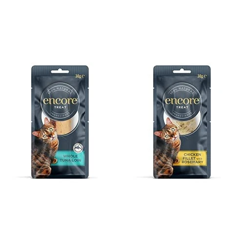 Bundle of Encore 100% Natural Cat Treats, Whole Tuna Loin Cat Snack, 30g (Pack of 12) + Chicken Fillet With Rosemary Loin Cat Snack, 12x 30G Pouch