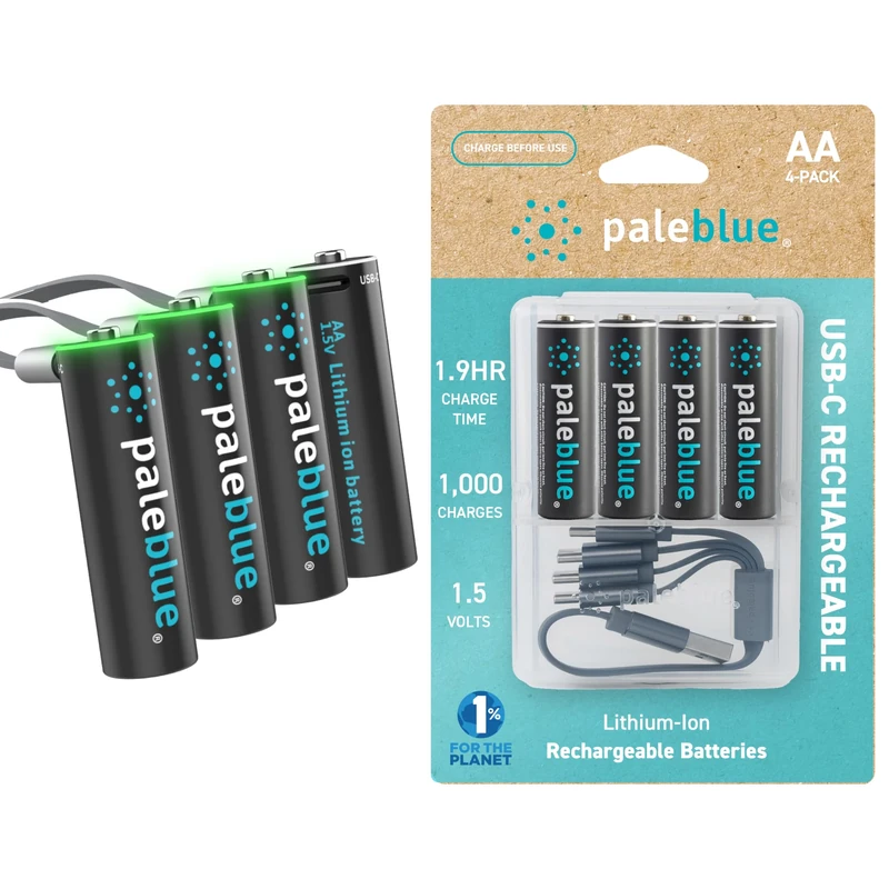 paleblue USB Rechargeable AA Batteries (4-Pack) - 2550mWh Lithium Ion, 1.5V, 1000+ Charge Cycles, Includes 4-in-1 USB-A to USB-C Charging Cable, LED Charge Indicator, Quick 1.9 Hour Charging