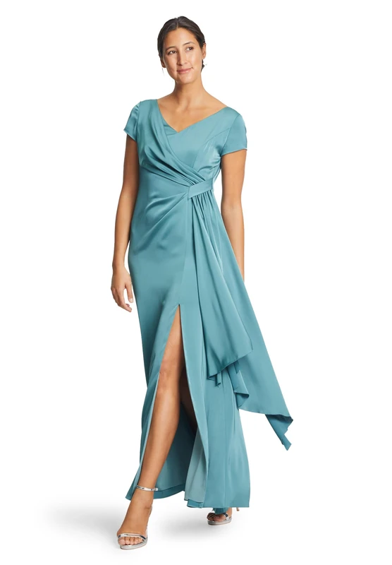 Vera Mont Women's Evening Dress with Valance, Smoky Turquoise, 6