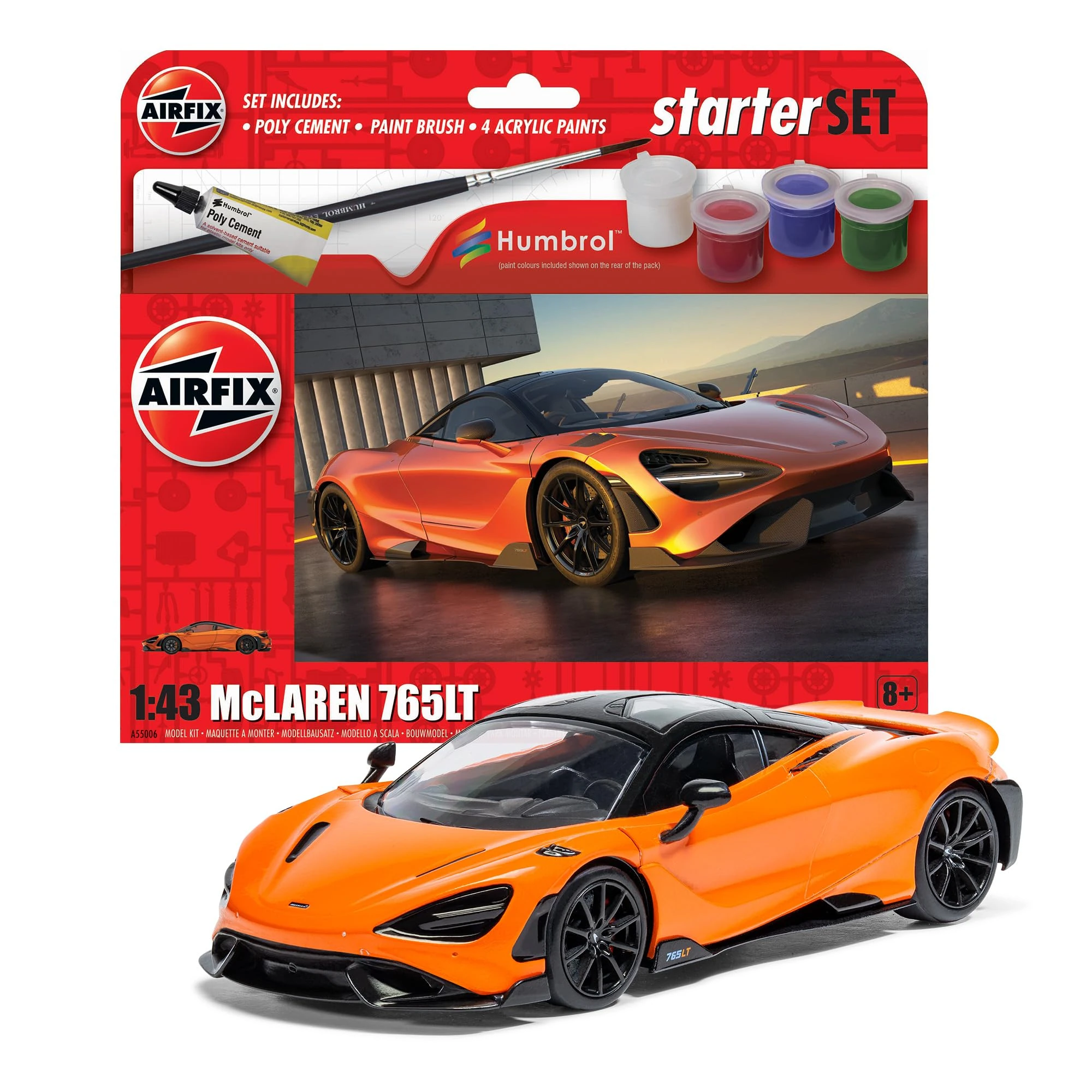 Airfix Starter Set - A55006 McLaren 765LT Model Building Kit - Plastic Model Car Kits for Adults & Children 8+, Set Includes Decals, Humbrol Acrylic Paints, Brushes & Poly Cement - 1:43 Scale Model