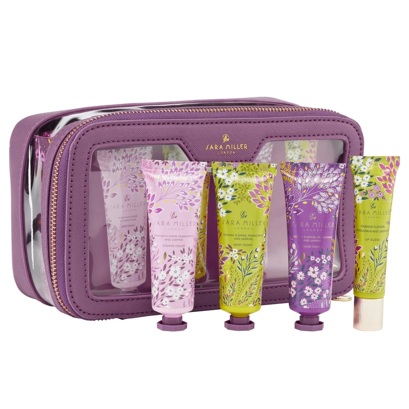 Sara Miller London Hand Cream, Body Wash and Cream x3 30ml, Lip Gloss 15ml, Passion Flower and Frangipani Scented, Moisturiser, Travel Bag Set, Vegan and Cruelty Friendly, Gift For Her