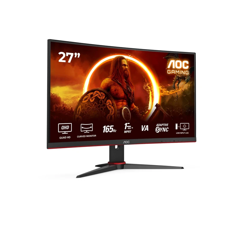 AOC CQ27G2SE/BK 27 inch WQHD Gaming Monitor Curved, 165Hz, VA Panel, 1ms MPRT, Adaptive Sync, HDR10, FreeSync Premium, (2560x1440 HDMI 2x 2.0 DP 1x 1.4 ) Black/Red
