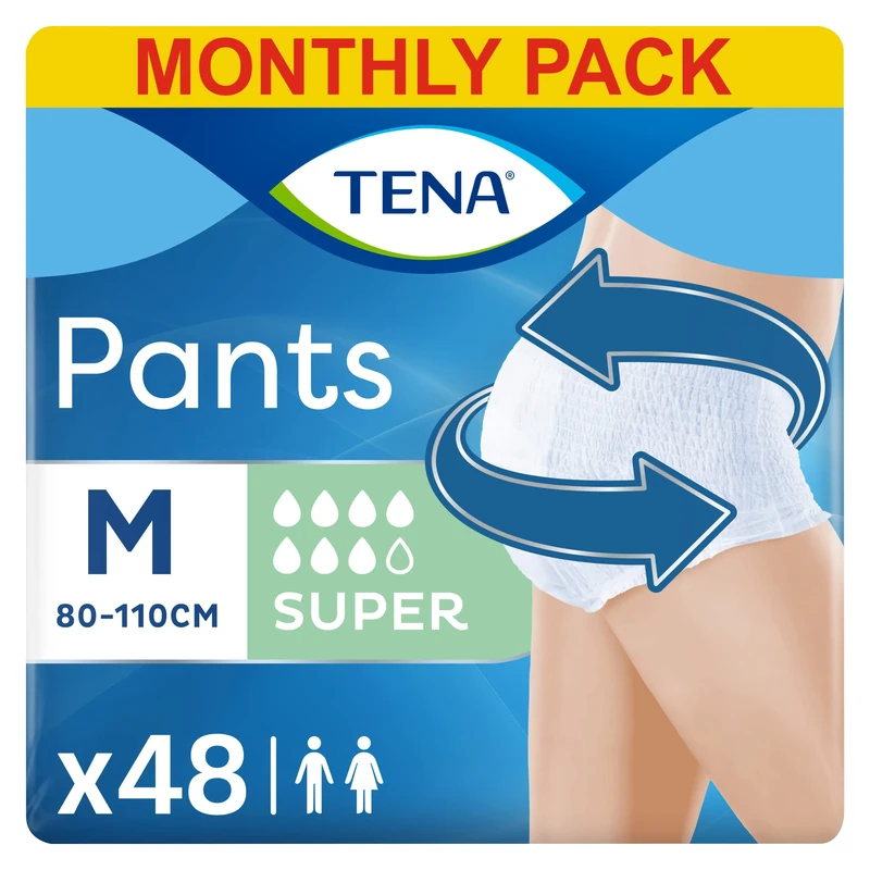 TENA Pants Super, 48 pairs of Unisex Incontinence Pants (4 x 12 packs) for Women and Men with Heavy Bladder Weakness, Medium