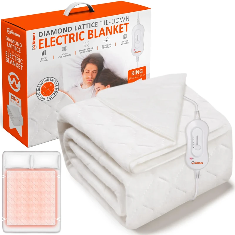 Wärmer King Size Electric Heated Blanket XL165cm x 137cm - 3 Heat Settings, Detachable Controller, Machine Washable Diamond Lattice Tie Down