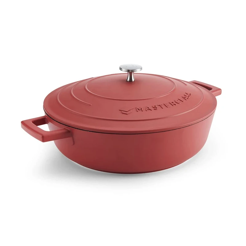 MasterClass Shallow Casserole Dish with Lid, Hob to Oven to Table Casserole Pan, Ultra Lightweight, Optimum Heat Conduction, 4L, Red