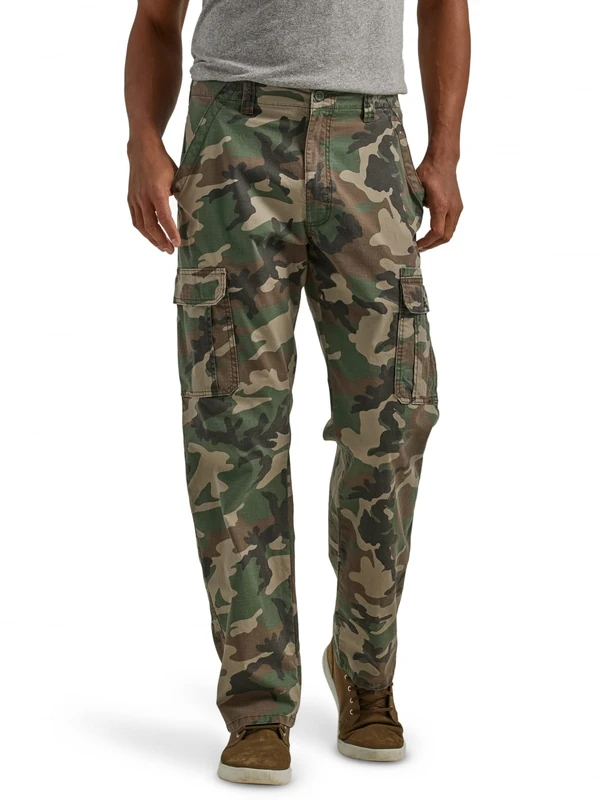 Wrangler Authentics Men's Relaxed Fit Stretch Cargo Pant, Green Brown Camo, 33W x 34L