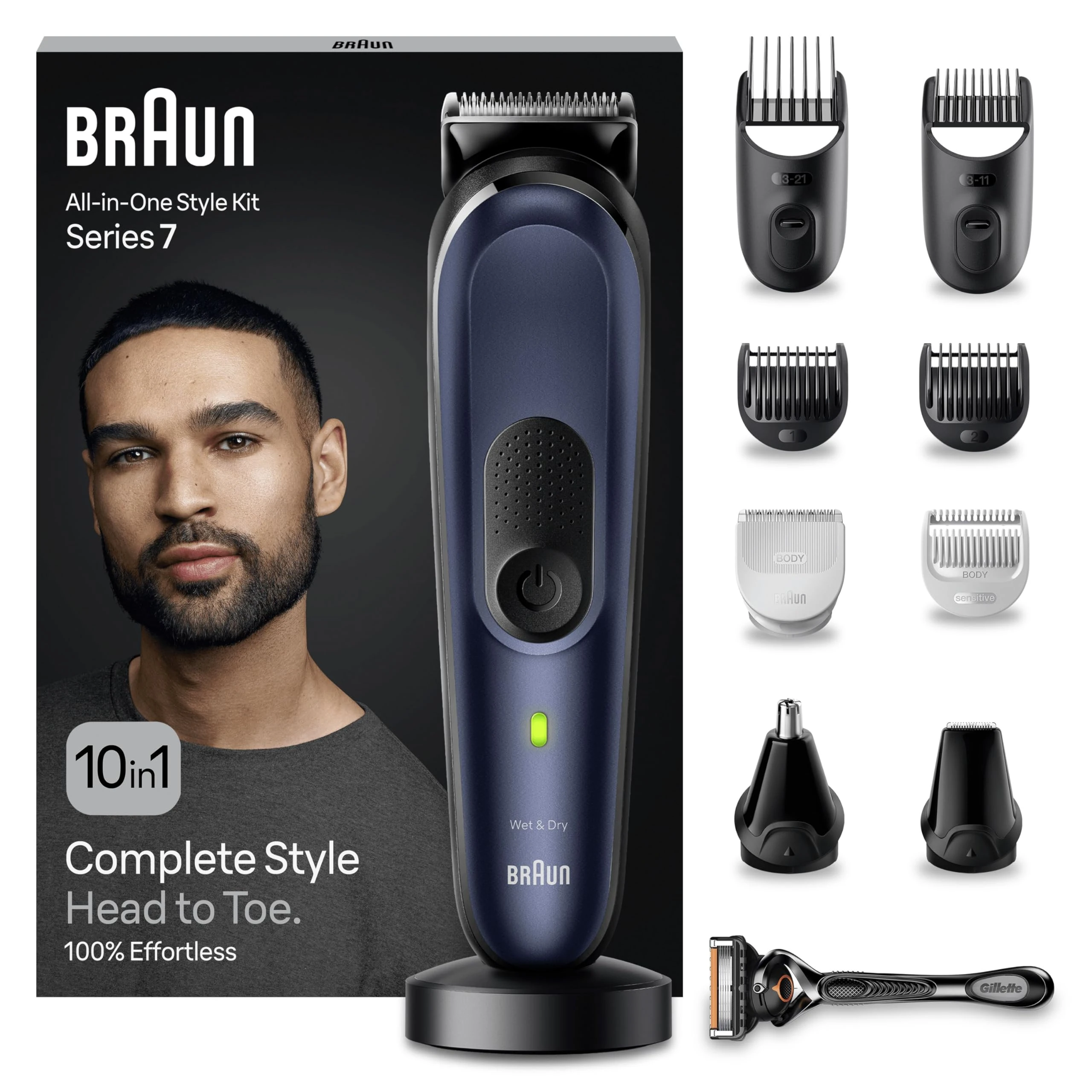 Braun All-in-One Style Kit Series 7 MGK7410 10-in-1 Grooming Kit for Men, for Beard Trimming, Manscaping, Hair Clipping & More, with Charging Stand & Pouch, Waterproof, Rechargeable