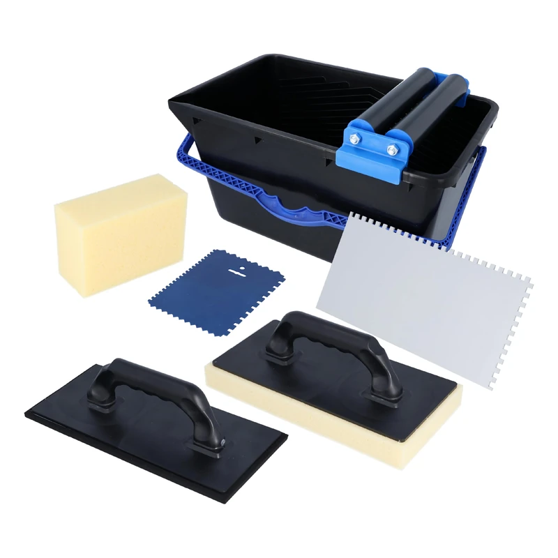 HELPMATE - Tile washing set 7 pcs. with 18-liter plastic bucket, double roller attachment, tile washing board, grouting board, smoothing trowel & sponge – for thorough cleaning during tiling work - Image 1