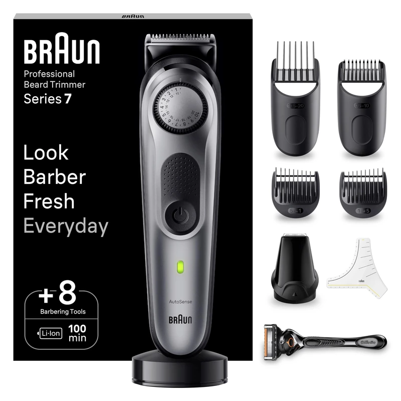 BRAUN Beard Trimmer Series 7 BT7420, Electric Trimmer for Men, Incl. Sharpest ProBlade, 40 Length Settings, Barber Tools, Charging Stand, Travel Case, Stencil, Rechargeable & Waterproof
