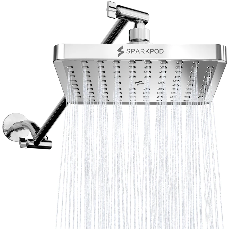 SparkPod Square Rain Shower Head with Extension Arm, Height Adjustable Shower Head with High Pressure Performance, Easy 1 Minute Installation (16" Arm Extension, Luxury Polished Chrome