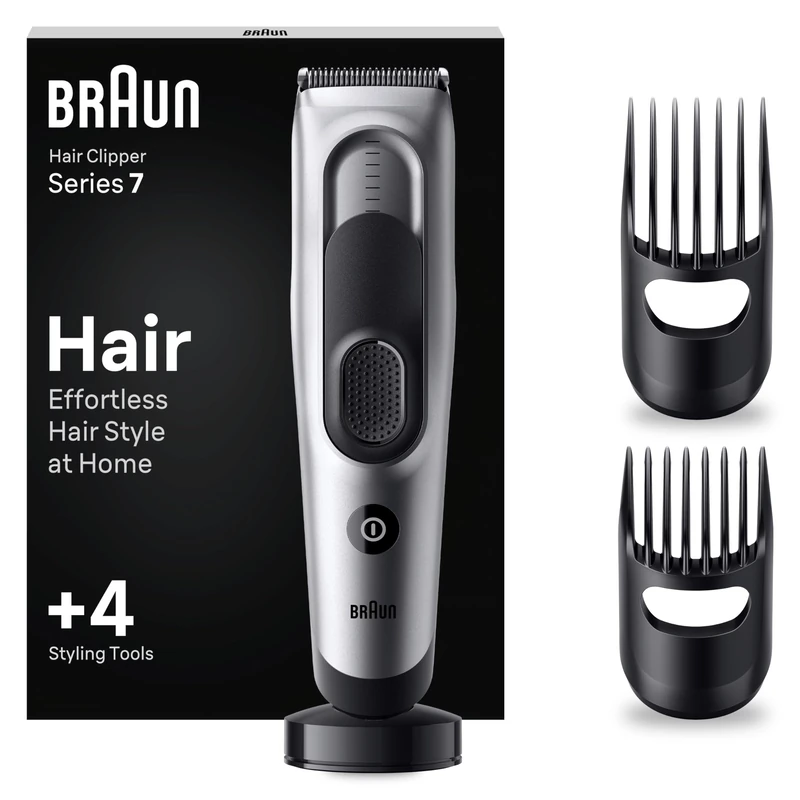 Braun Hair Clipper Series 7, Featuring Lifetime-Sharp Blades, Men's Hair Clipper with 17 Length Settings, with 4 Styling Tools, 50-min runtime, Gifts for Men, HC7390, Silver
