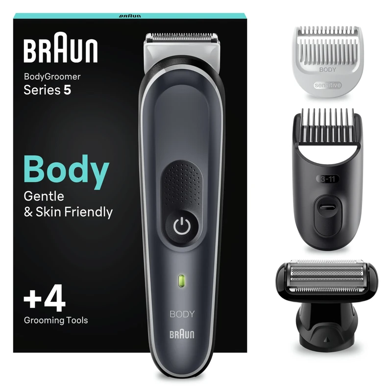 Braun Body Groomer Series 5 5370, for Men, Incl. 2 Combs 3mm-11mm Lengths, SkinShield Technology Gentle Use and Clean Shave Attachment, Waterproof, Cordless with 100-min Run Time, Noir, 1.0 Count