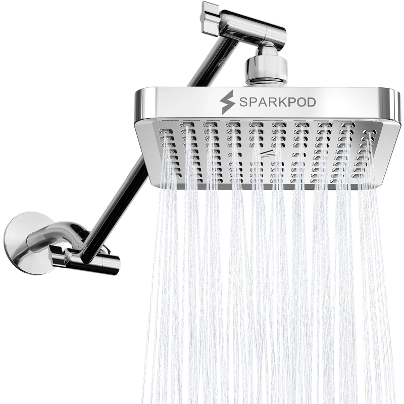 SparkPod Square Rain Shower Head with Extension Arm - Height Adjustable Shower Head with High Pressure Performance - Easy Installation in 1 Minute (28cm Arm Extension, Luxury Polished Chrome)