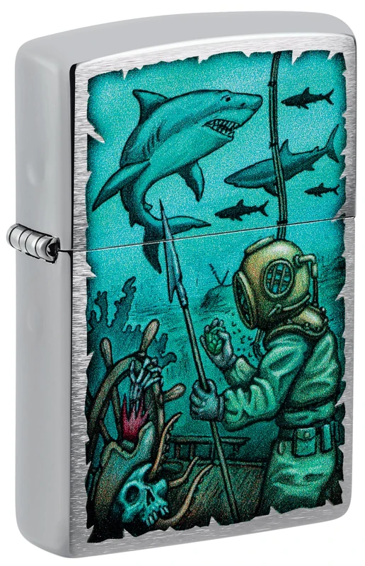 Zippo Shark Nautical Design Brushed Chrome Pocket Lighter - Image 1