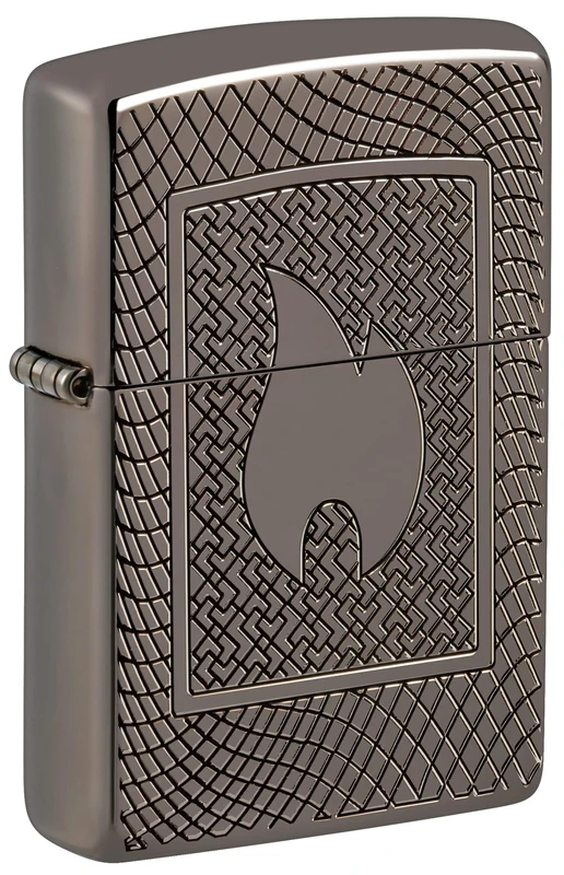 Zippo, Lighter Genuine windproof lighter in glossy black metal, classic flame pattern design, durable and refillable, ideal for camping and adventures, Flame Pattern Design