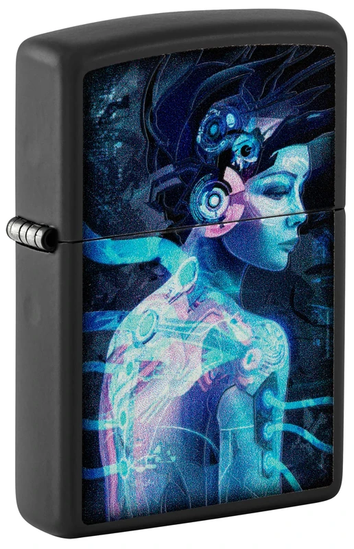 Zippo - Windproof Lighter, Cyber Woman Design, Matt Black, Black Light, Refillable, Reusable, Windproof Design, Gift Box, Made in the USA