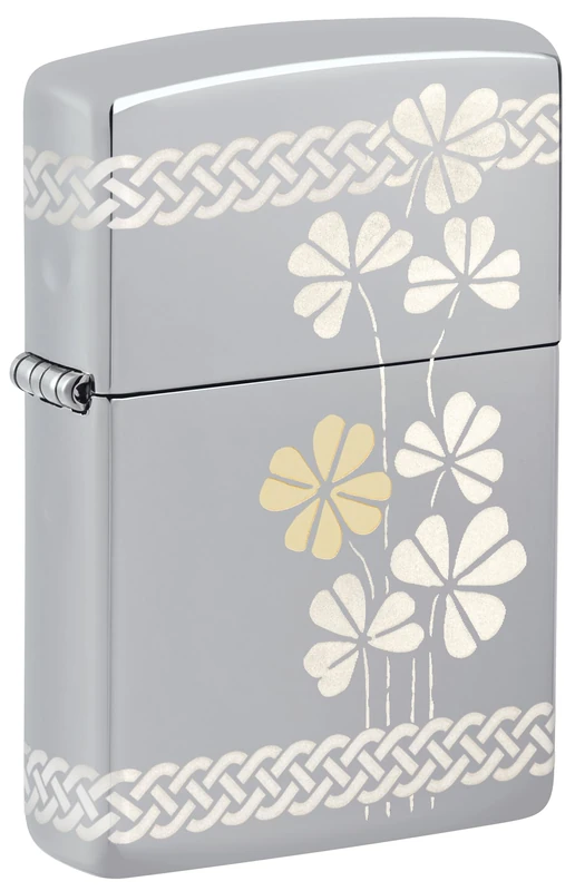 Zippo Windproof Lighter, Clover Design – High Polished Chrome, Laser 360° Laser Two-Tone – Refillable, Reusable, Windproof Design – Comes in Gift Box – Made in USA