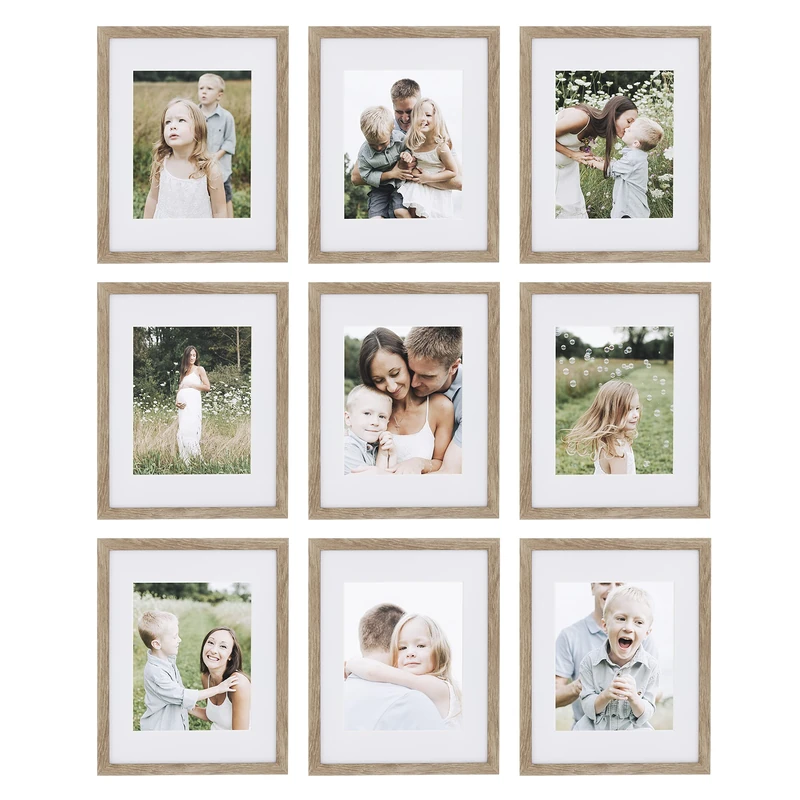 SHEFFIELD HOME 9 Piece Gallery Wall Frame Set, 11x14 Inch, Matted to 8x10 Inch, Light Natural