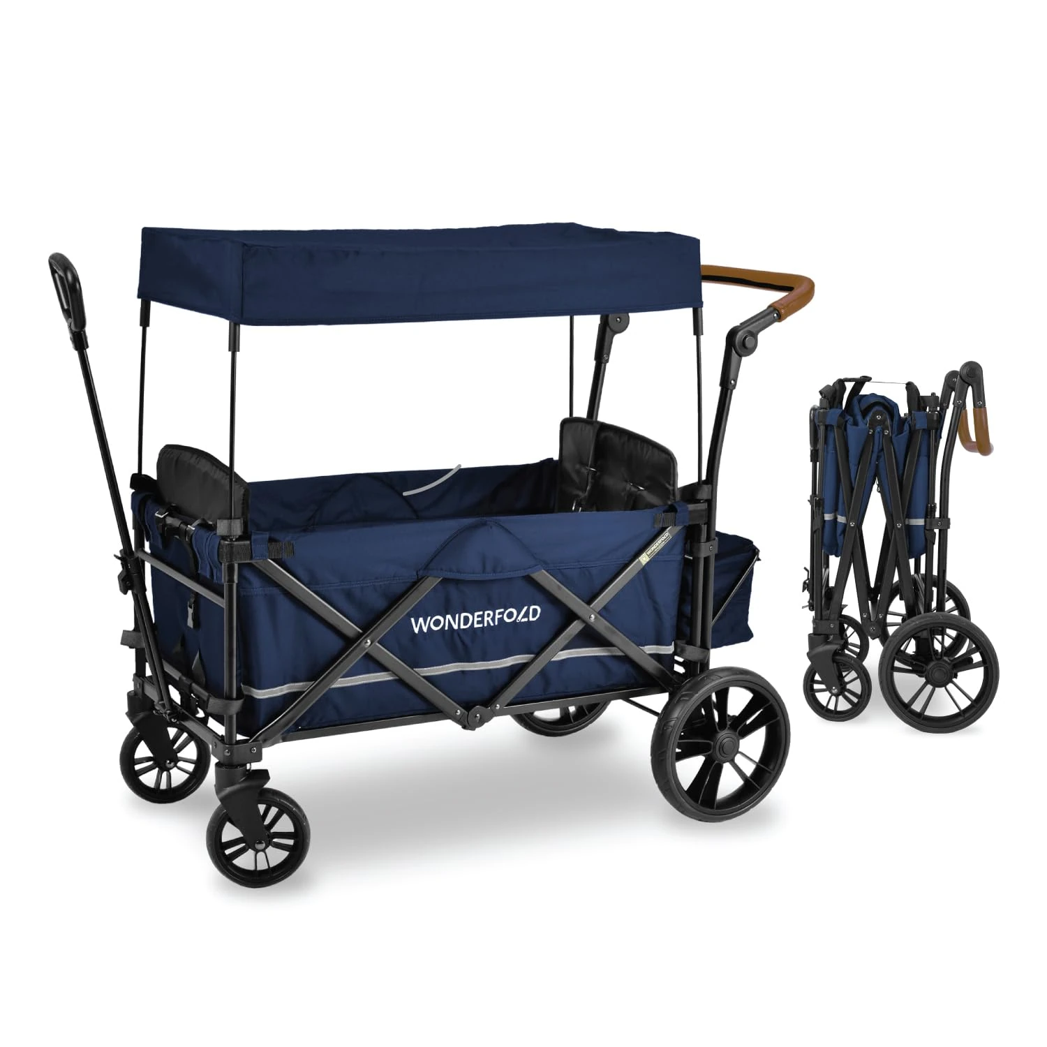 WONDERFOLD X2 Push & Pull Double Stroller Wagon (2 Seater) Featuring 5 Point Harnesses, Adjustable Push Handle, Telescopic Pull Handle, and Removable UV-Protection Canopy, Midnight Blue