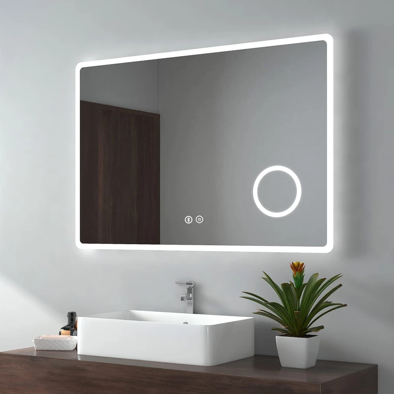 EMKE Backlit Illuminated Bluetooth Bathroom Mirror with Shaver Socket 1000x700mm, Wall Mounted Multifunction LED Bathroom Vanity Mirror with Lights + Demister + 3-Fold Magnification - Image 1