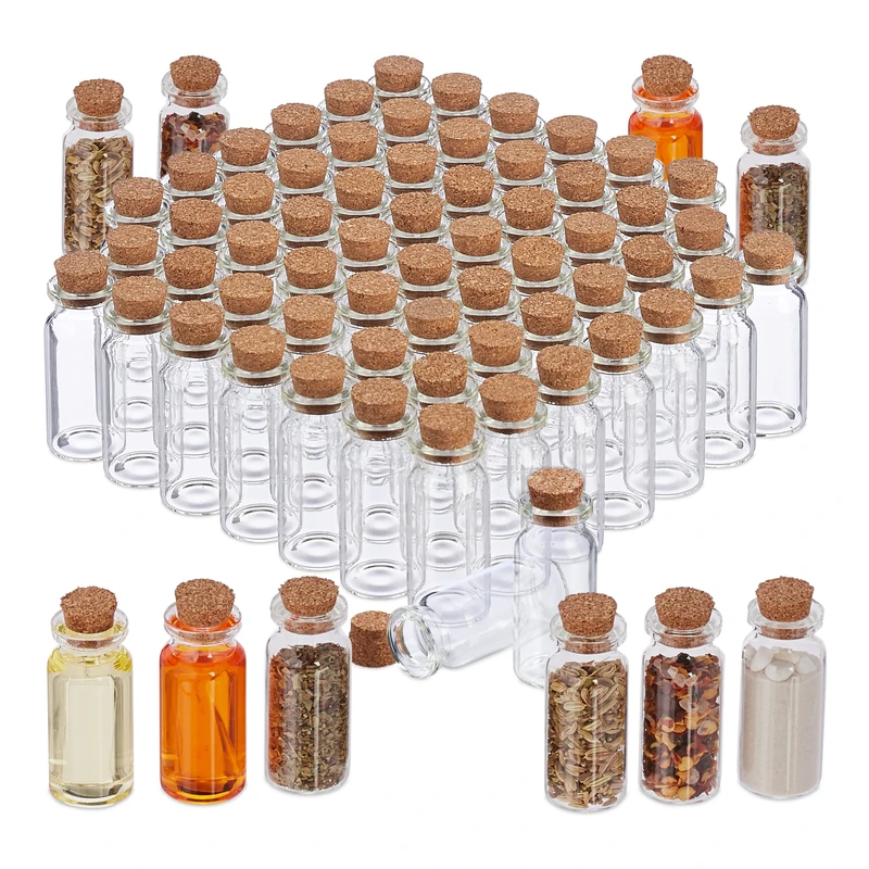 Relaxdays Mini Glass Bottles with Cork Stopper, 72 Pieces, Perfect for Oils, Spices, Sand, 10 ml, Deco, Transparent, 5.5x2x2 cm