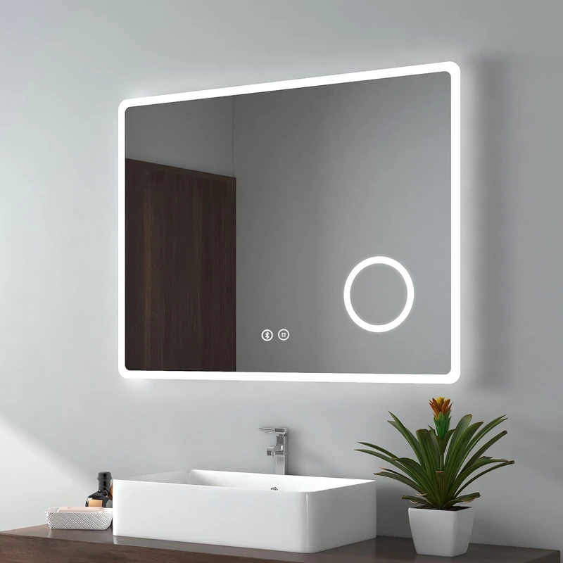EMKE Backlit Illuminated Bluetooth Bathroom Mirror with Shaver Socket 900x700mm, Wall Mounted Multifunction LED Bathroom Vanity Mirror with Lights + Demister + 3-Fold Magnification