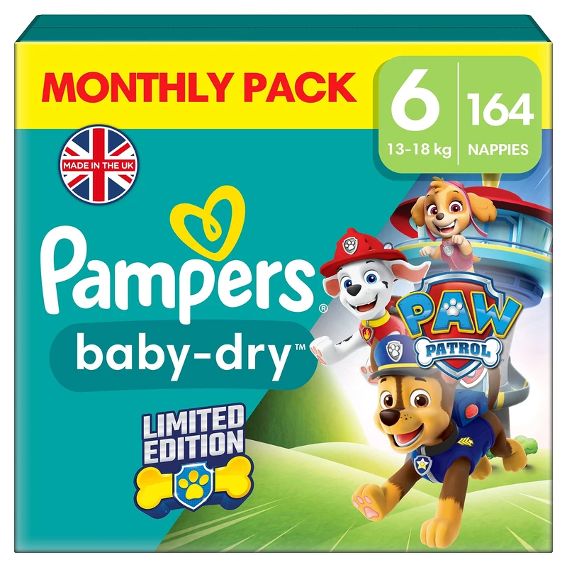 Pampers Baby-Dry Paw Patrol Edition Size 6, 164 Nappies, 13kg - 18kg, Monthly Pack, with A Stop & Protect Pocket to Help Prevent Leaks at The Back