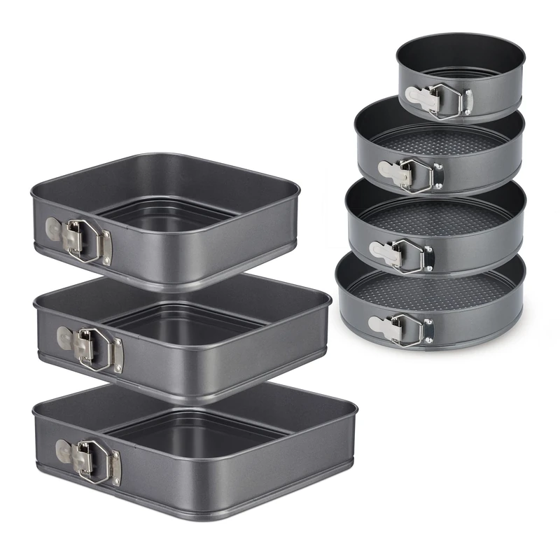 Relaxdays 7x Springform Pans, 4 Round & 3 Square Forms, Removable Base, Non-Stick, Stainless Steel, Sizes, Anthracite, Steel, 6.5x28x28cm