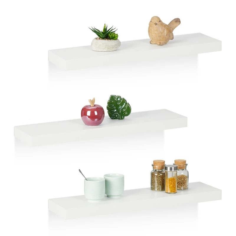 Relaxdays Floating Shelf, Set of 3, Decorative Wall Rack, MDF, Modern Design, Suspended Board, HWD: 3.5x60x15 cm, White, Fibreboard