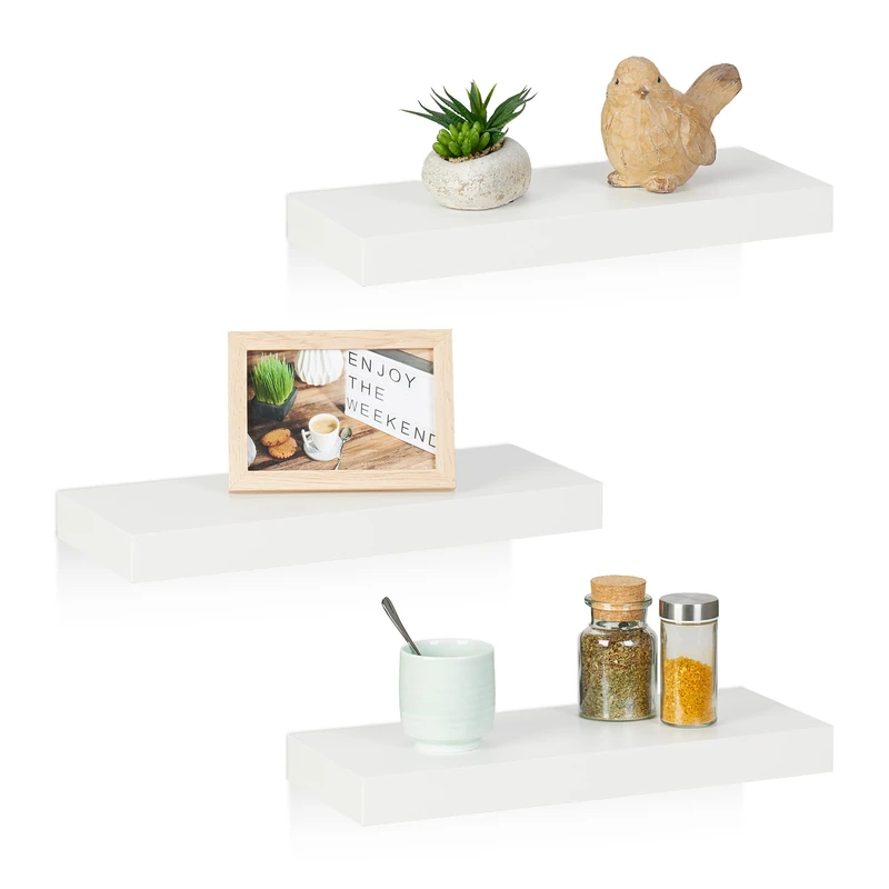 Relaxdays Floating Shelf, Set of 3, Decorative Wall Rack, MDF, Modern Design, Suspended Board, HWD: 3.5x38x15 cm, White
