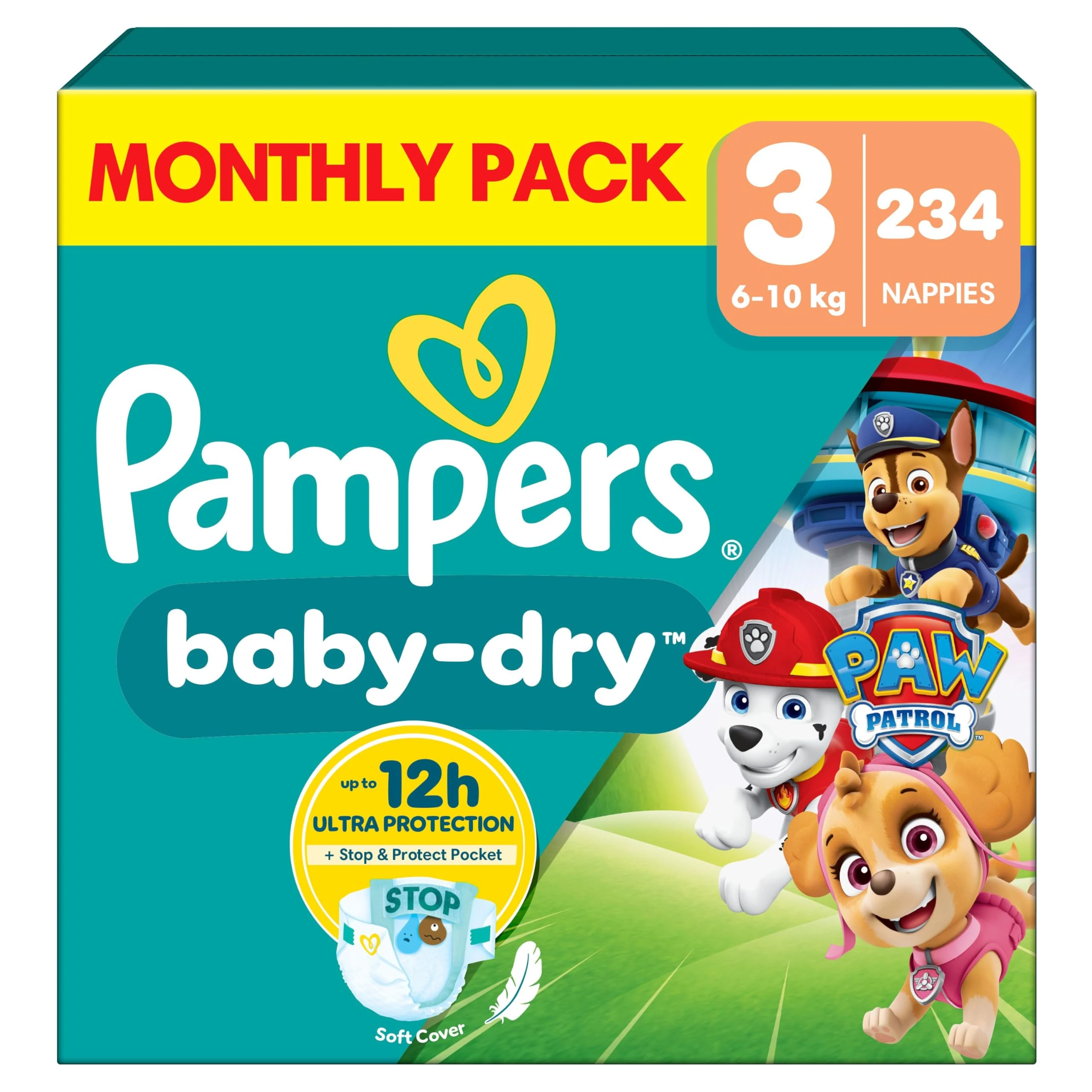 Pampers Baby-Dry Paw Patrol Edition Size 3, 234 Nappies, 6kg-10kg, Monthly Pack, Up to a 100% Leak-Free & Comfortable Night