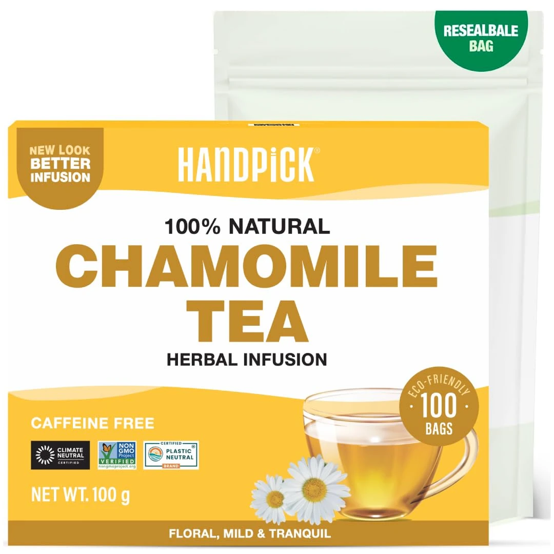 HANDPICK, Chamomile Tea Bags (100 Herbal Tea Bags) Caffeine Free, | Floral Chamomile Herbal in Eco-Conscious Bags | Direct from Source
