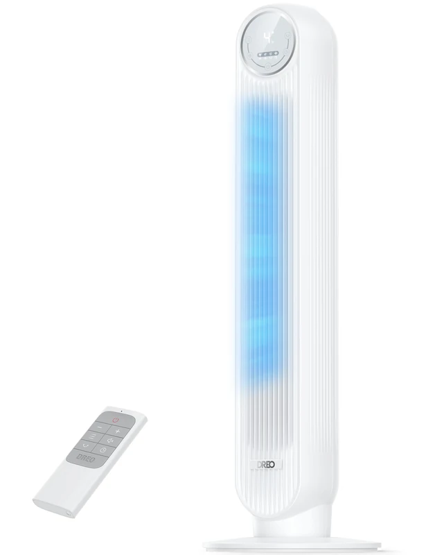 Dreo 25dB Silent Tower Fan, 28 ft/s Velocity Electric Cooling Fan with Remote, 90° Oscillating 8 Speeds 4 Modes 8H Timer LED Display, DC Motor Quiet Standing Bladeless Floor Fans for Bedroom, White