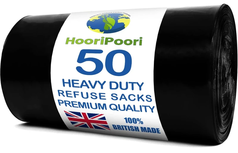 HooriPoori 50 Large Black Heavy Duty Bin Bags, 30 μm 75L Litre Strong Leak & Tear Resistant Dustbin Bags Roll, Bin Liners, Heavy Duty Bin Bag, Refuse Sacks 100% Recycled Material & Eco Friendly