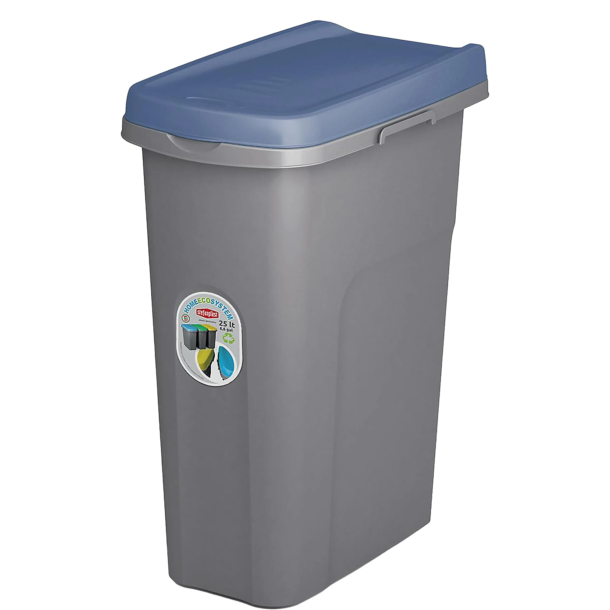 Home Centre Plastic Lift Top Lid Waste Bin Kitchen School 25 Litre Blue-Grey Slim Recycling General Trash & Storage Recycled Rubbish Organiser Container Dustbin Sturdy Quality Made in Italy