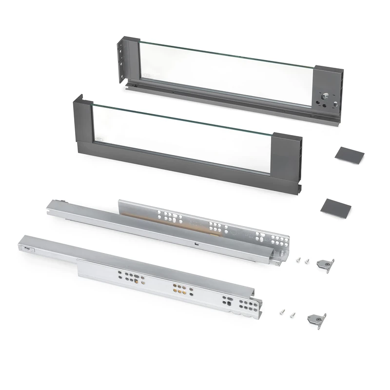 Emuca - Vertex Outer Drawer 40 kg (88 lb),H131mm (5,15 inch) with Glass Sides, 450mm (17,7 inch), Anthracite Grey, Steel and Aluminium and Glass, 1 kit