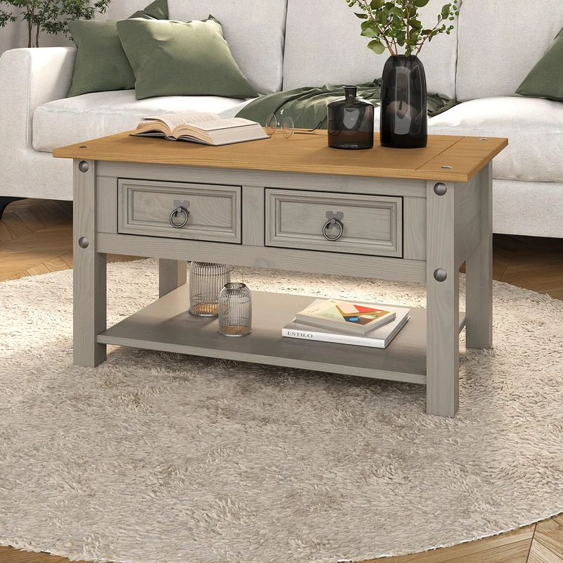 Corona Grey 2 Drawer Coffee Table Occasional Mexican Solid Pine Two Tone