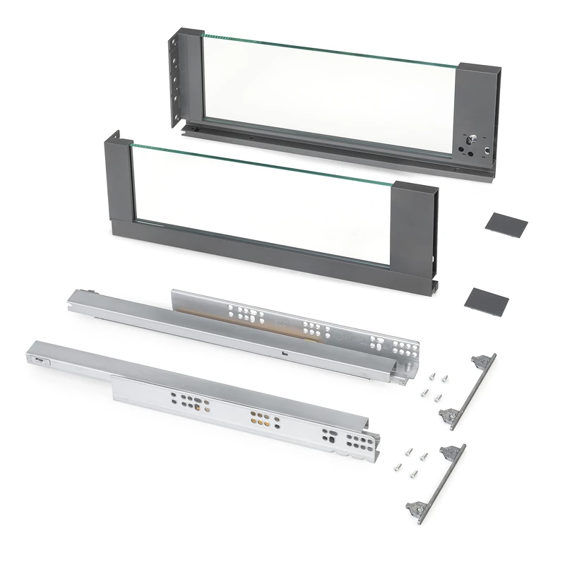 Emuca - Vertex outer drawer 40 kg (88 lb), H178 (7 inch) with glass sides, 450mm (17,7 inch), Anthracite grey, Steel and Aluminium and Glass, 1 kit